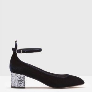 Boden Navy Velvet Heels with Silver Block Heel